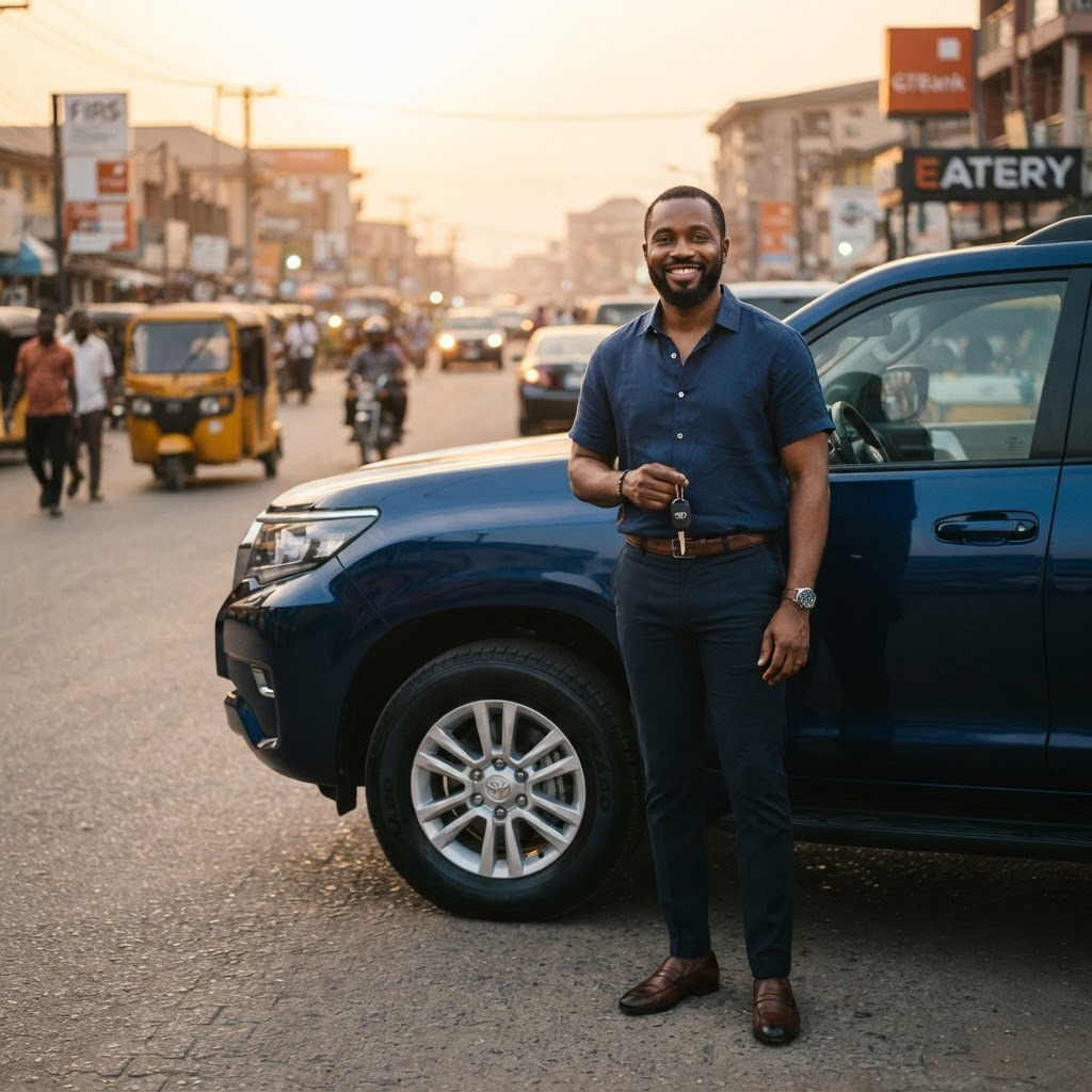 A Spidoo vehicle partner standing beside their SUV at golden hour